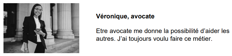 Smiling woman in business attire stands outside a building holding a tablet. Text reads: "Véronique, avocate" with a personal statement in French.
