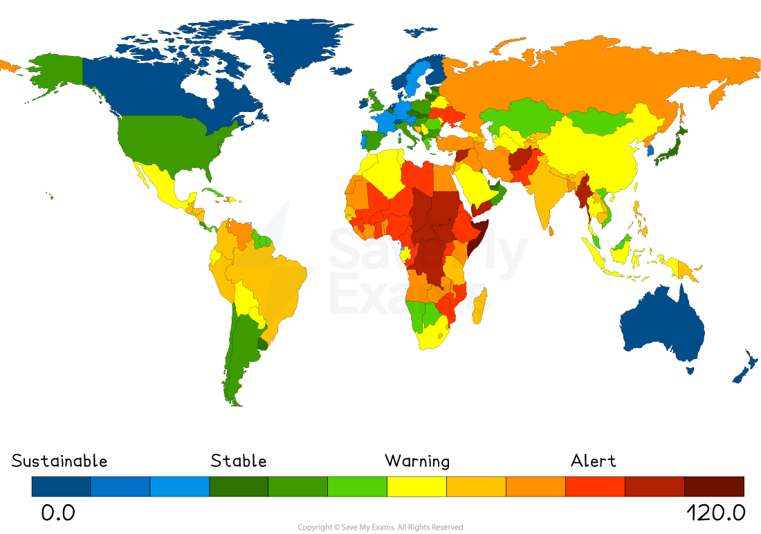World map showing water risk levels by country, colour-coded: blue for sustainable, green for stable, yellow for warning, red for alert.