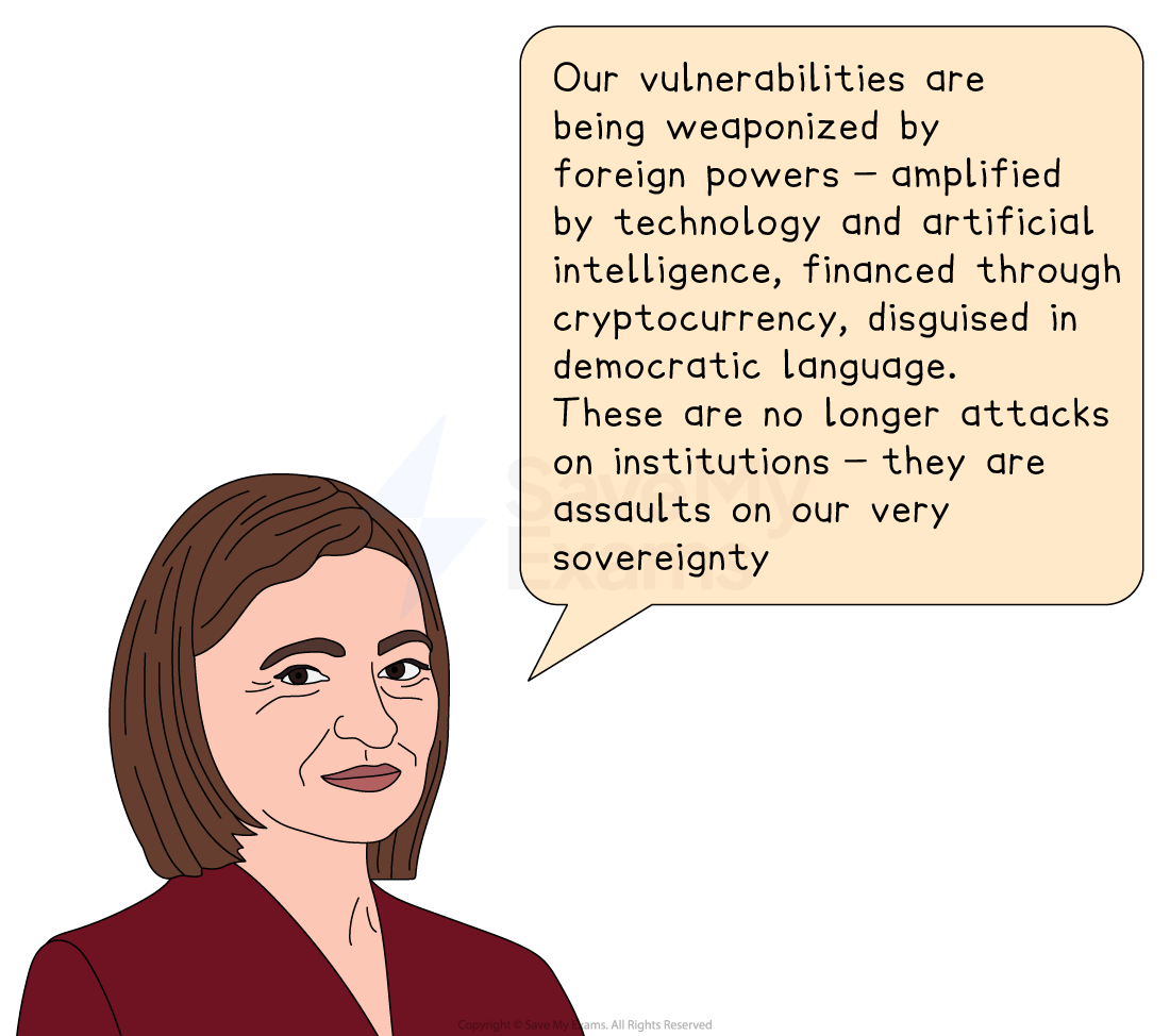 Woman in a blue suit speaking about foreign threats using technology and AI, highlighted in a speech bubble about sovereignty concerns.