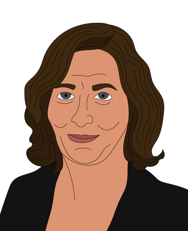 Woman with shoulder-length brown hair, wearing a black jacket, red top, and silver necklace, smiling subtly against a white background.