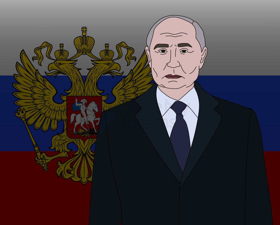 Silhouette of a man overlaid on a Russian flag and an international building, symbolising global justice or diplomacy.