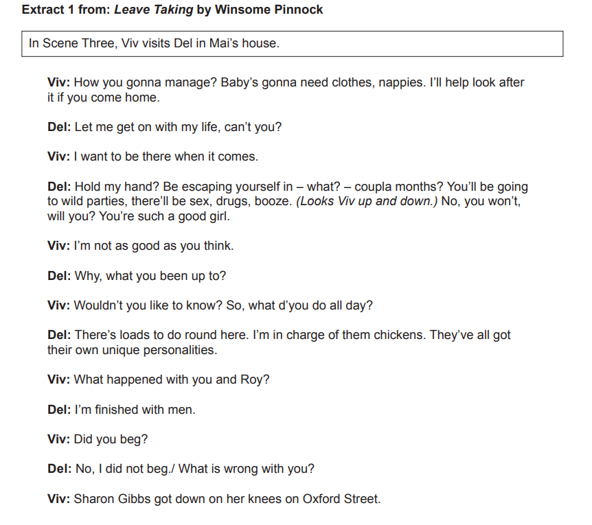An excerpt from "Leave Taking" by Winsome Pinnock, depicting a dialogue between characters Viv and Del discussing life changes and relationships.