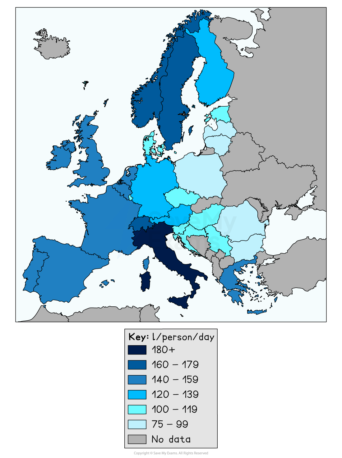 Map of Europe showing water usage per person per day in varying shades of blue. Darker blues indicate higher usage, with a key for specific ranges.