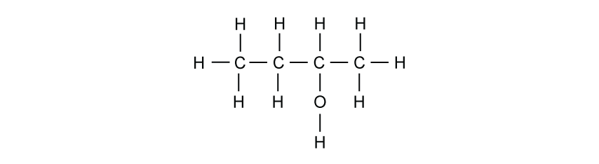Four-carbon chain C–C–C–C. First carbon bonded to three H. Second carbon bonded to two H. Third carbon bonded to one H and an –OH group. Fourth carbon bonded to three H.