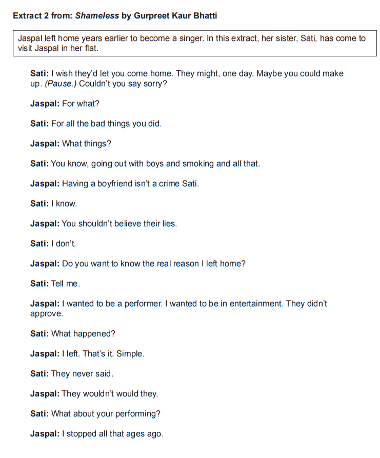 Extract from "Shameless" by Gurpreet Kaur Bhatti, showing a dialogue between sisters Sati and Jaspal discussing family conflict and Jaspal's past.
