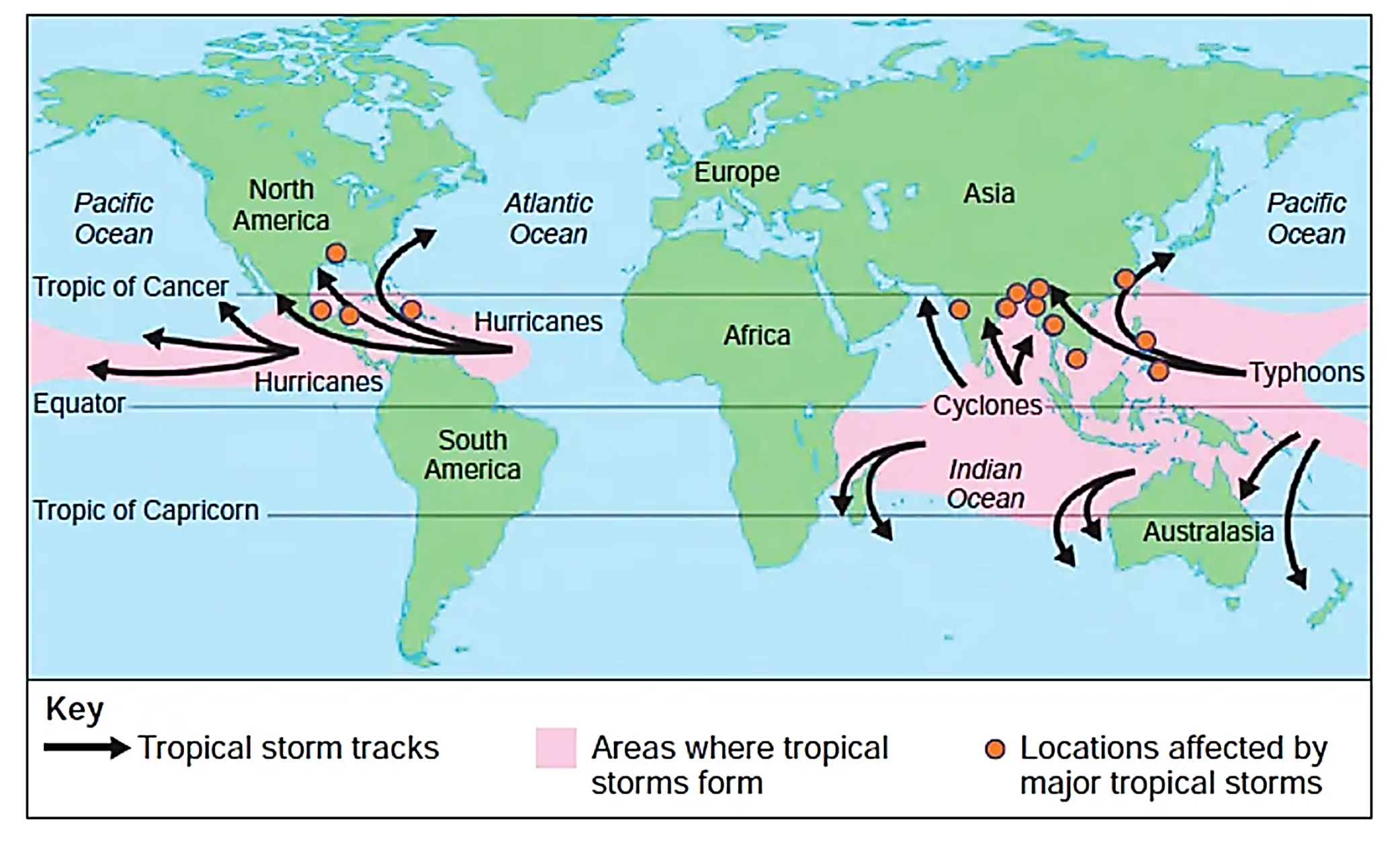 World map showing tropical storm formation areas in pink, paths with arrows, and major affected locations marked with dots near Asia and North America.