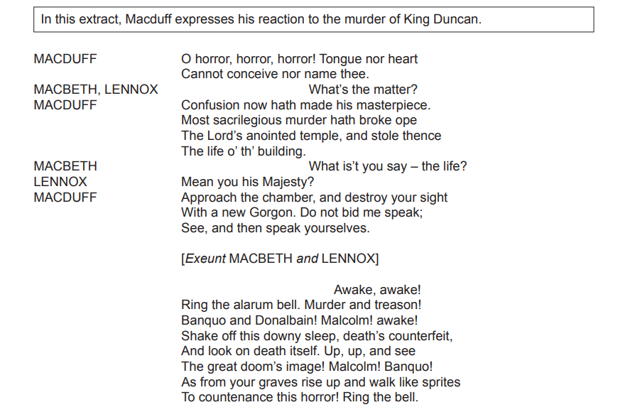 Excerpt from Macbeth with dialogue between Macduff, Macbeth, and Lennox reacting to King Duncan's murder, expressing horror and urgency.