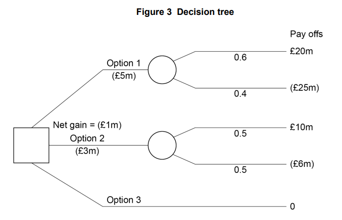 Decision tree diagram with three options. Option 1: £20m with 0.6 probability, £25m with 0.4. Option 2: £10m or -£6m, both 0.5. Option 3 gives 0. Net gain: -£1m.