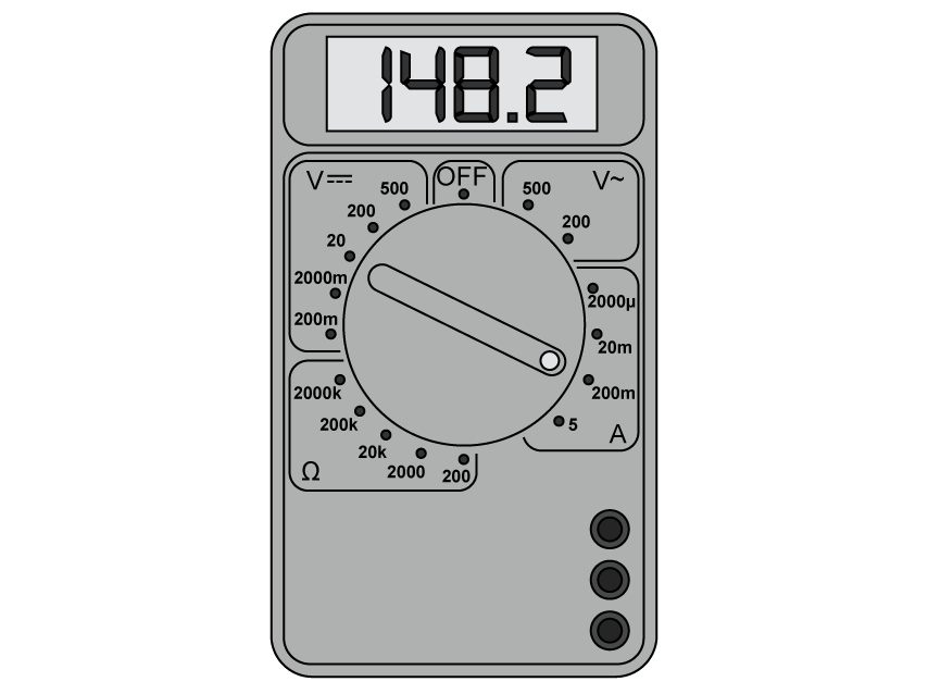 Digital multimeter with dial set to "200m" in the DC current (A) section. The four-digit display reads "148.2". The unit implied by the dial setting is milliamps (mA)