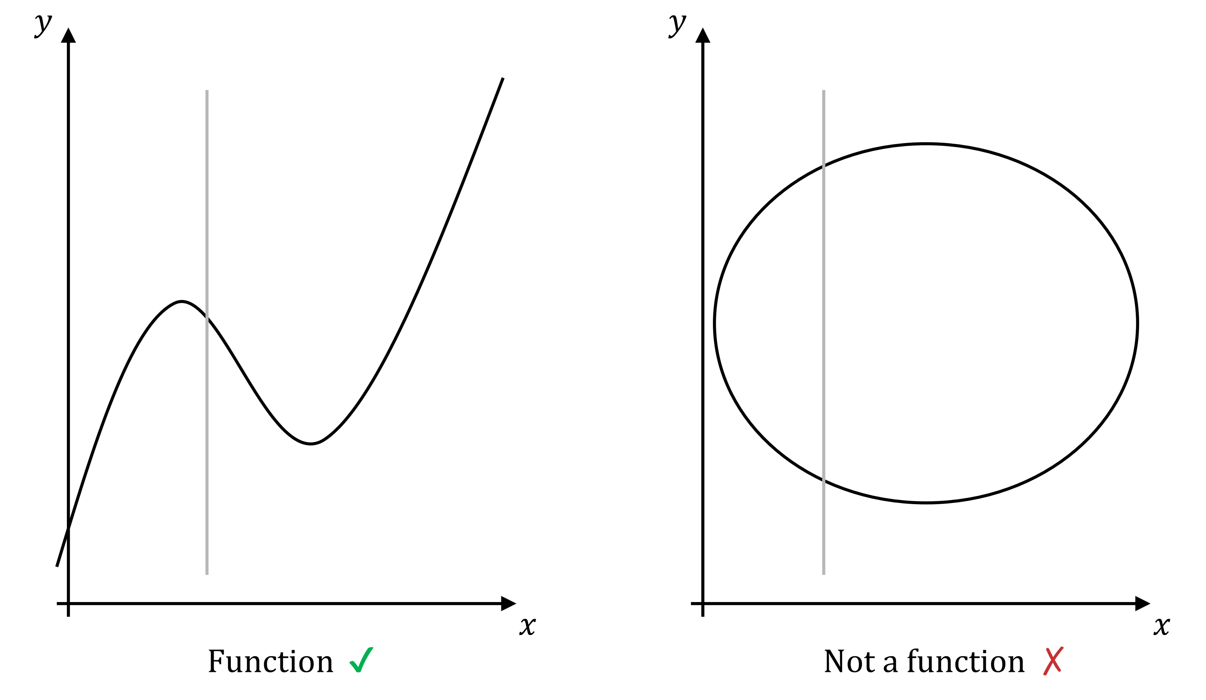Two graphs: left shows a curve passing the vertical test as a function; right shows a circle failing the test, so not a function.