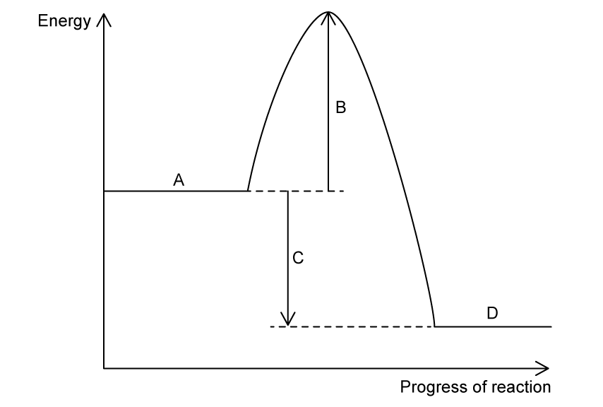 Graph of energy vs. reaction progress, showing an energy peak. Labels: A, B, C, D.