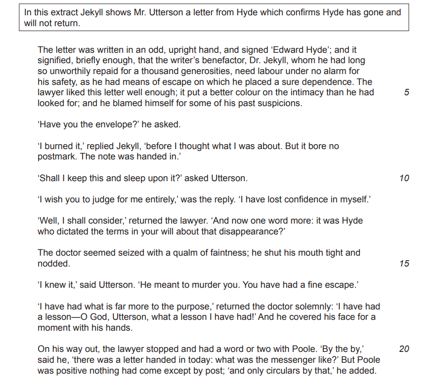 Text excerpt from “Strange Case of Dr Jekyll and Mr Hyde” where Jekyll reveals a letter from Hyde to Mr Utterson, discussing recent events and suspicions.