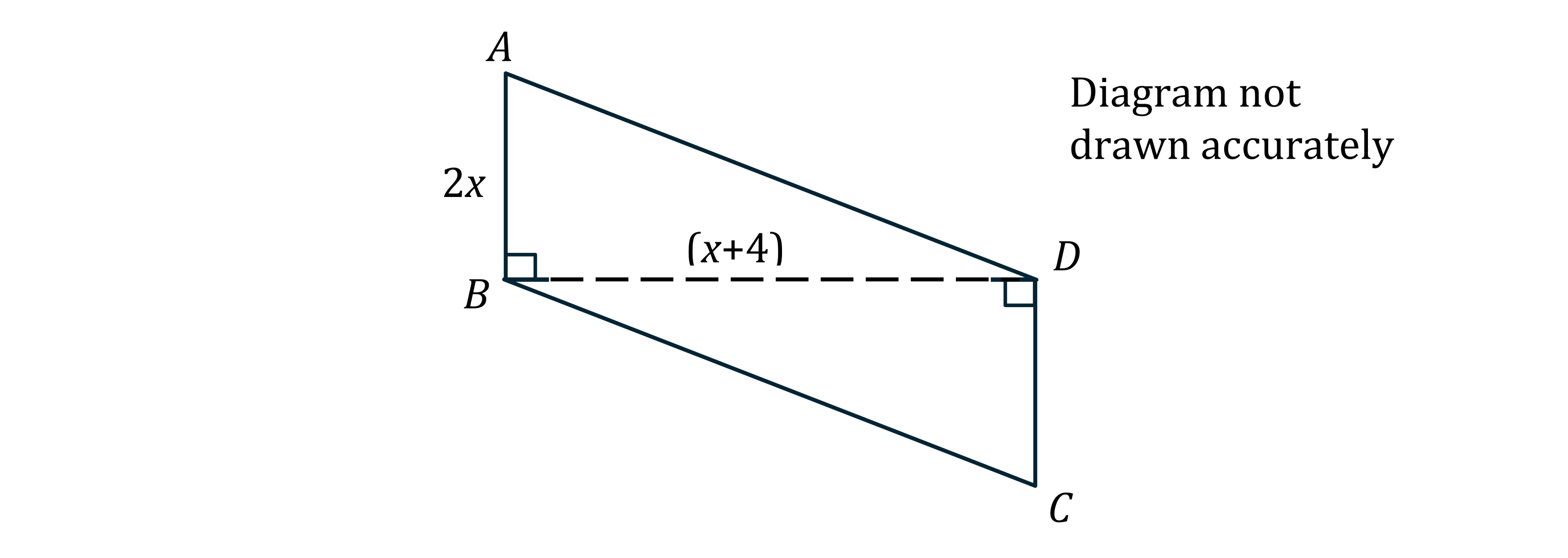 Quadrilateral ABCD with right angles at B and D, sides AB=2x, BD=x+4. Note: Diagram not drawn accurately.
