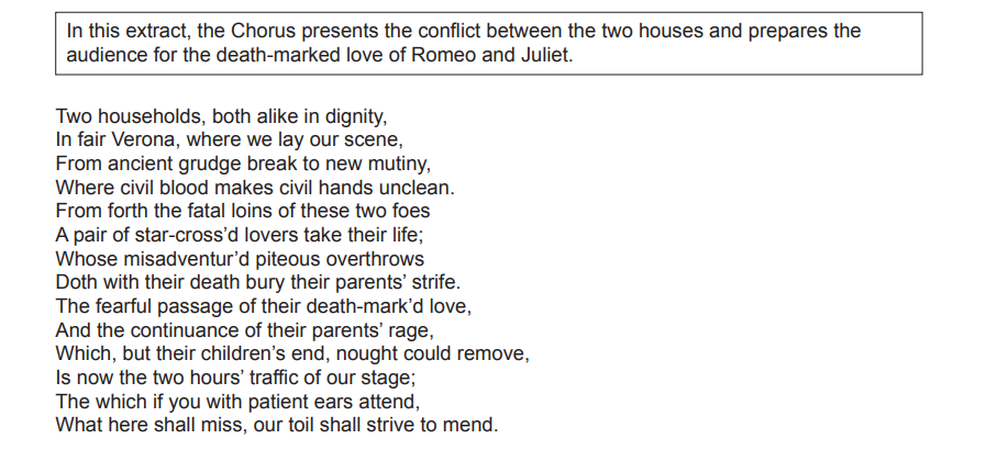 Extract from "Romeo and Juliet" prologue by Shakespeare, introducing feuding houses, doomed lovers, and conflict resolution theme in a structured verse.