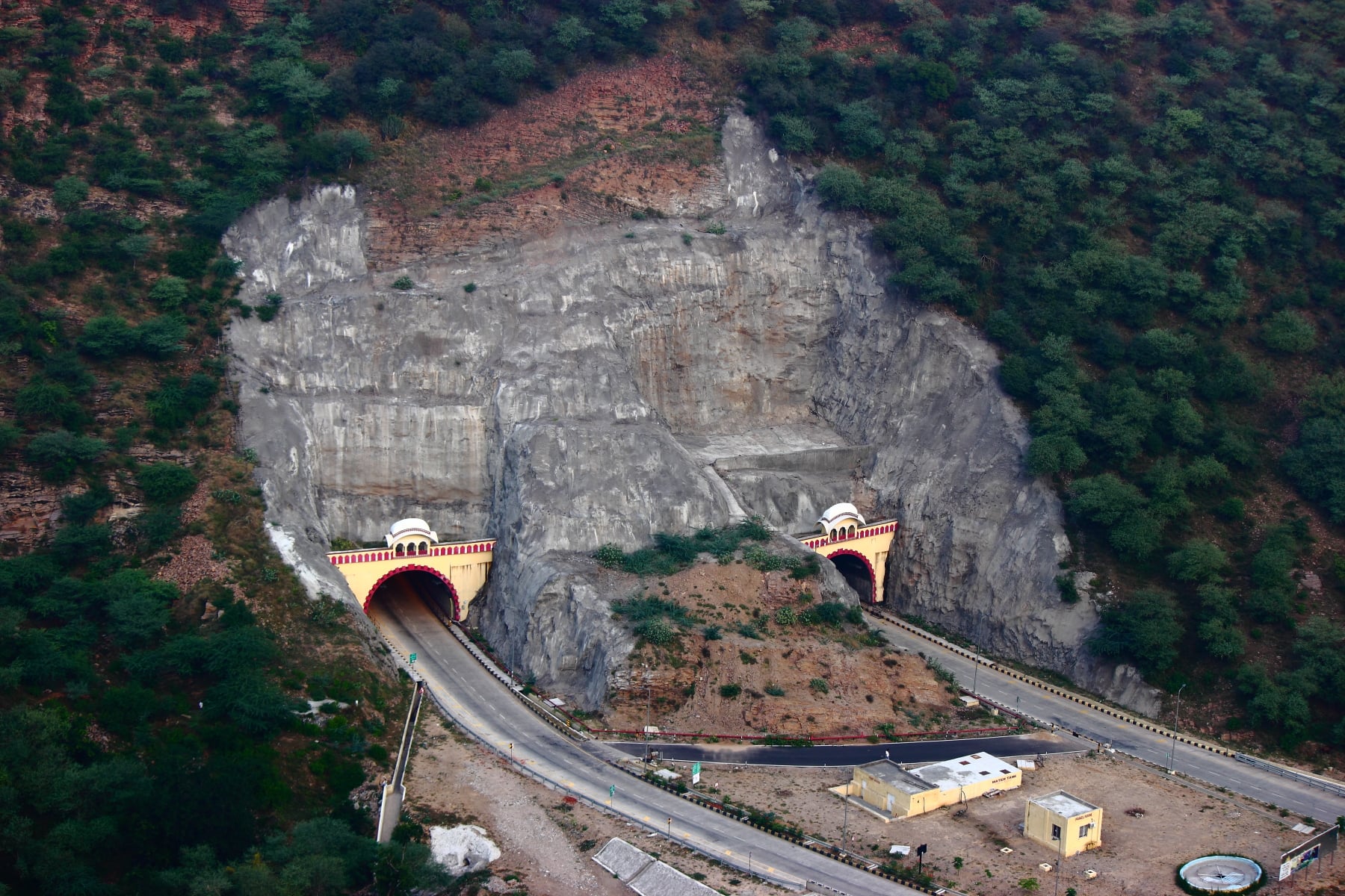 A twin road tunnel in a mountain region