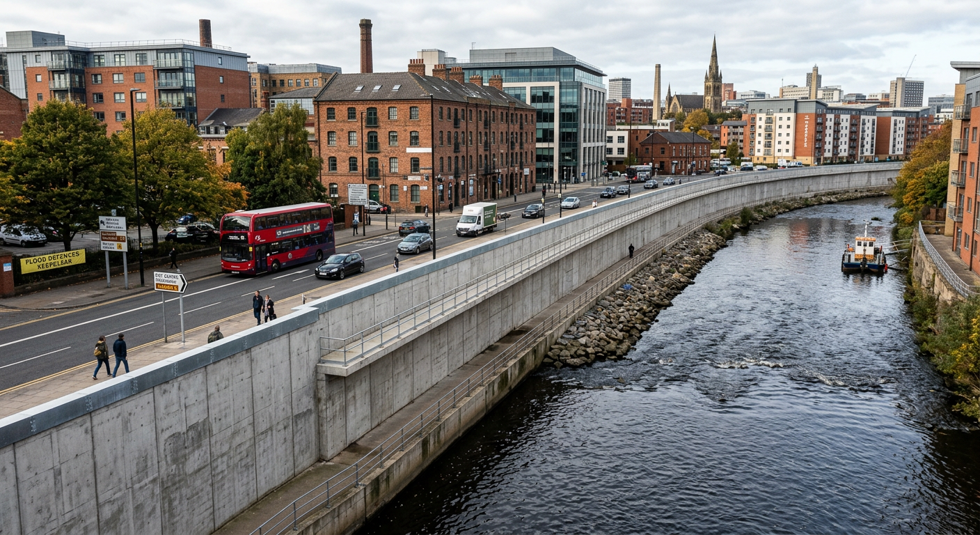 Urban scene with a river, red bus, pedestrians on a walkway, historic brick buildings, modern structures, and a boat on the water under a cloudy sky. AI generated
