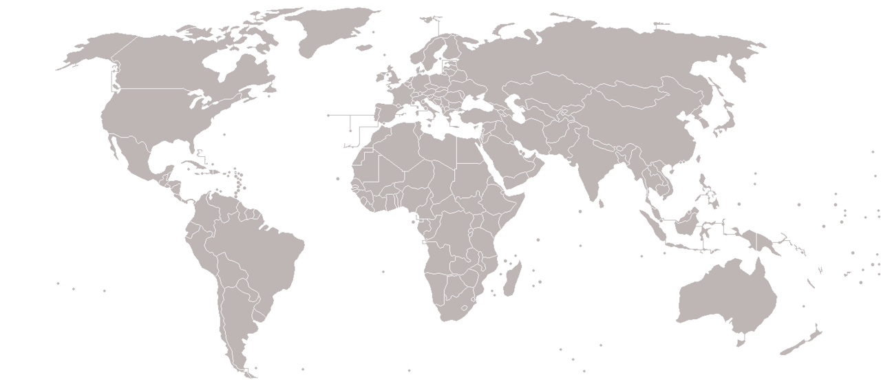 World map in grey showing continents with country borders outlined, set against a white background.