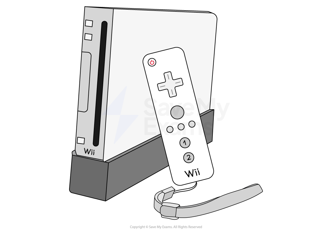 Stylised drawing of a white Wii console on a stand with a remote control in front, featuring buttons and a wrist strap for gaming.