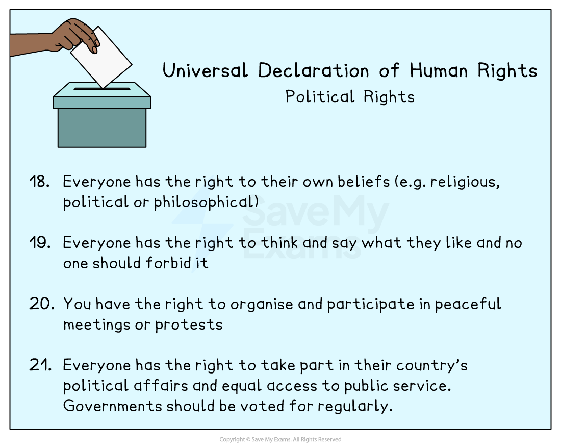 Universal Declaration of Human Rights text on political rights with a hand placing a vote in a ballot box, illustrating the right to participate in elections.