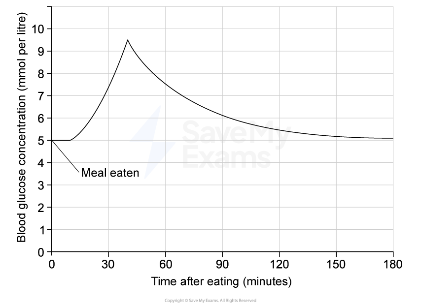 Graph showing blood glucose concentration, rising sharply to 9 mmol/L after a meal and gradually decreasing over 180 minutes.