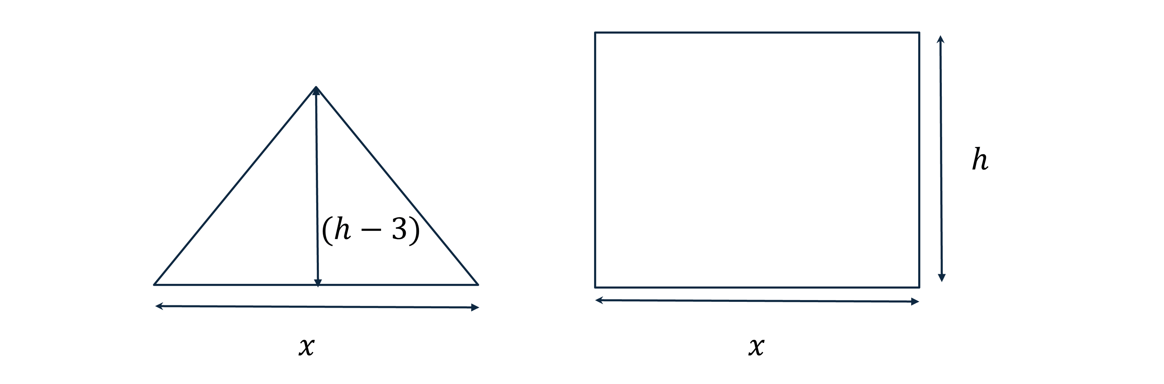 Triangle with base x and height h-3 adjacent to a rectangle with width x and height h, both labelled with dimensions.