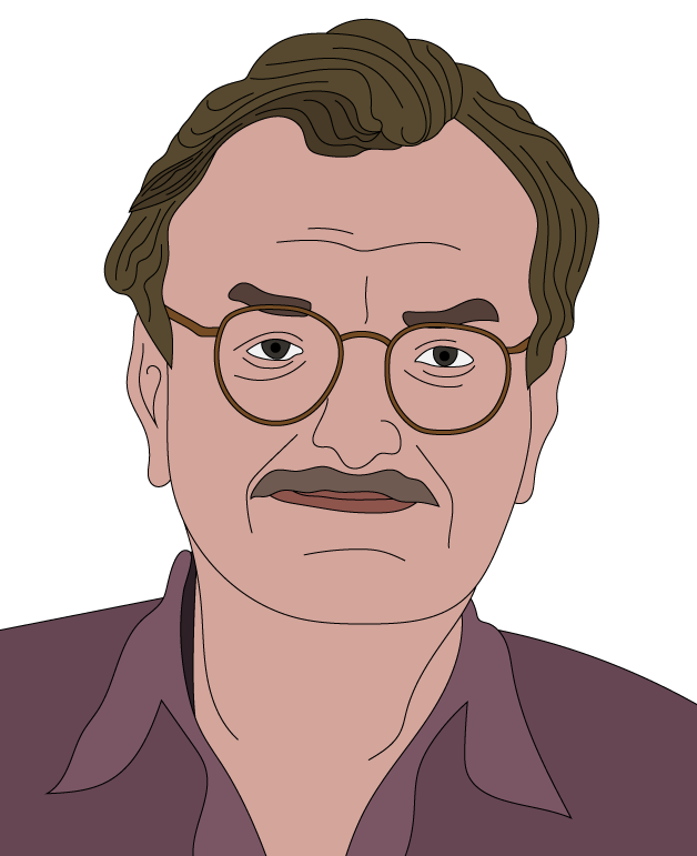 Smiling middle-aged man with glasses and a moustache, wearing a white shirt, against a plain white background.