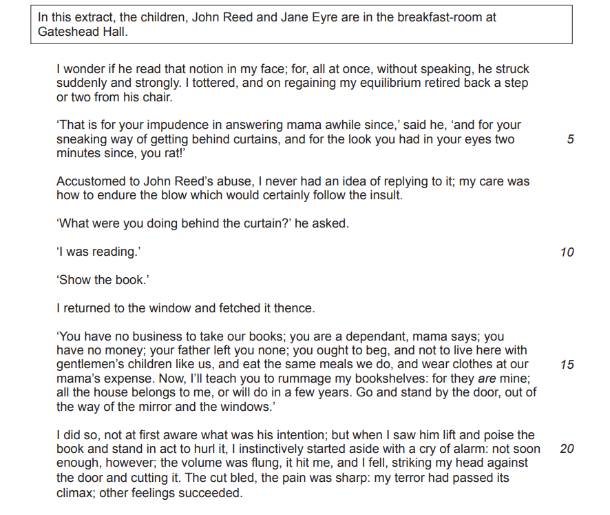 Excerpt from "Jane Eyre": John Reed confronts Jane in the breakfast-room at Gateshead Hall, accusing her and physically attacking her.