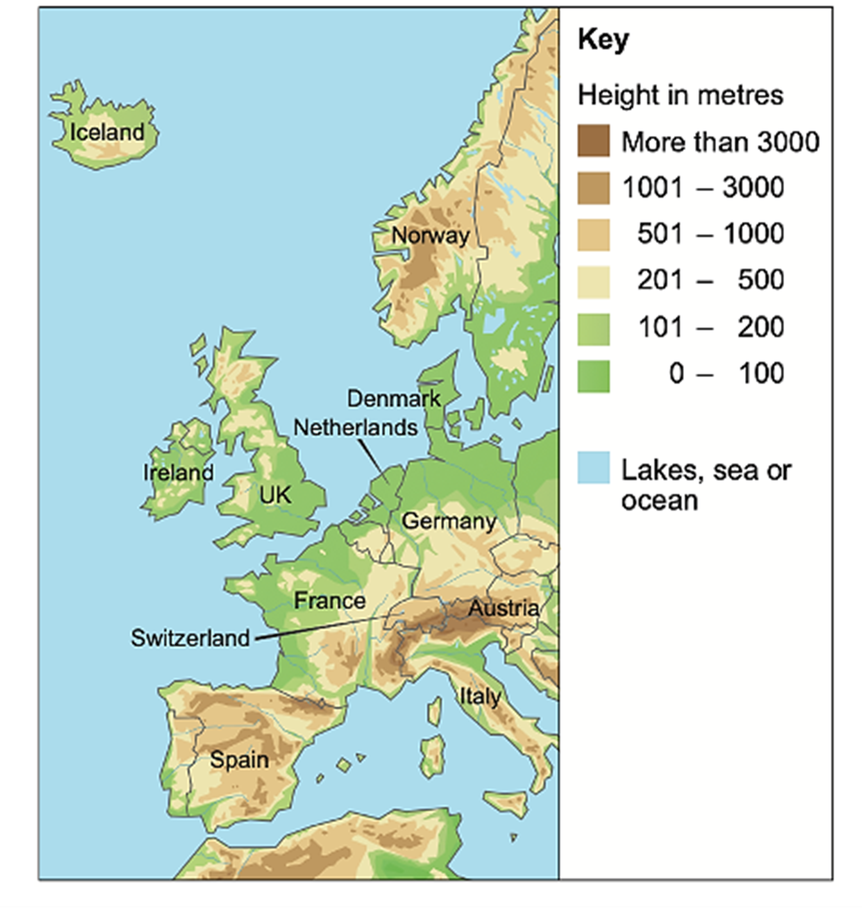 Map of Europe showing elevation in metres. Colour-coded key indicates height, with countries like Norway, Germany, and Spain labelled.