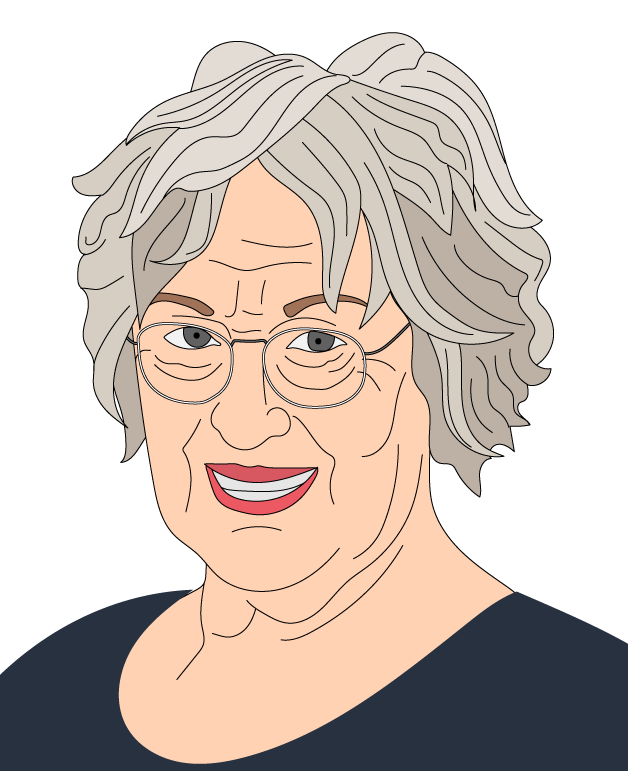 Elderly woman with short, curly grey hair and glasses, wearing a dark top. She has pearl earrings and a neutral expression, looking forward.