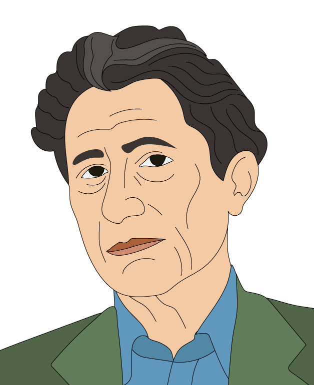 A man with grey hair wearing a green checked suit jacket and a light blue shirt, looking at the camera against a white background.