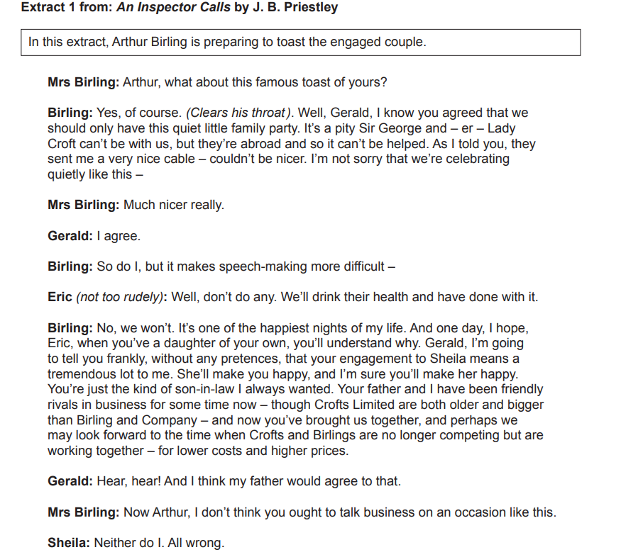 Text from "An Inspector Calls" where Arthur Birling prepares a toast for an engagement. Characters include Mrs Birling, Gerald, Eric, and Sheila.