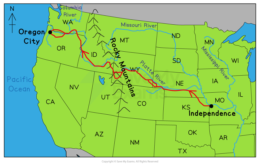 Map of the Oregon Trail showing the route from Independence, Missouri to Oregon City, Oregon, crossing the Rocky Mountains and several rivers.
