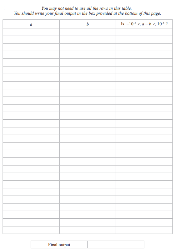 Table with three columns labelled 'a', 'b', and 'Is -10⁻⁵ < a - b < 10⁻⁵?', with multiple empty rows for entries and a 'Final output' box below.