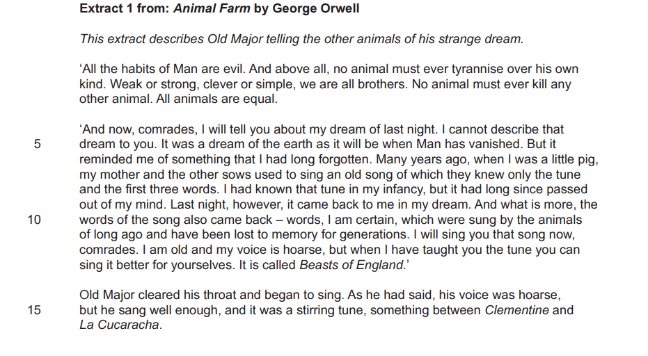 Text extract from "Animal Farm" by George Orwell, discussing Old Major's dream and the song "Beasts of England," with a note of his hoarse voice.