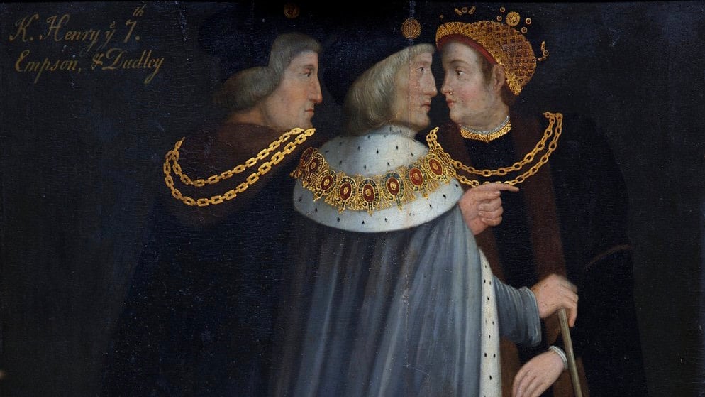 Three men in ornate historical attire converse closely. The man on the right wears a crown, indicating royalty, while the others wear decorative chains.