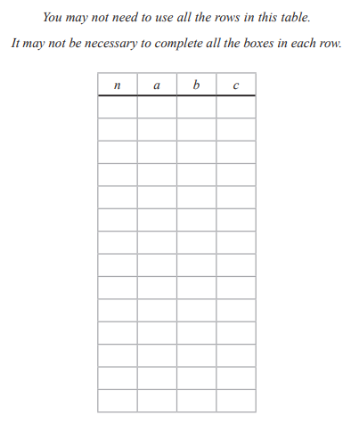 Table with 12 rows and 4 columns labelled "n", "a", "b", "c". Note above: usage of all rows or boxes may not be required.