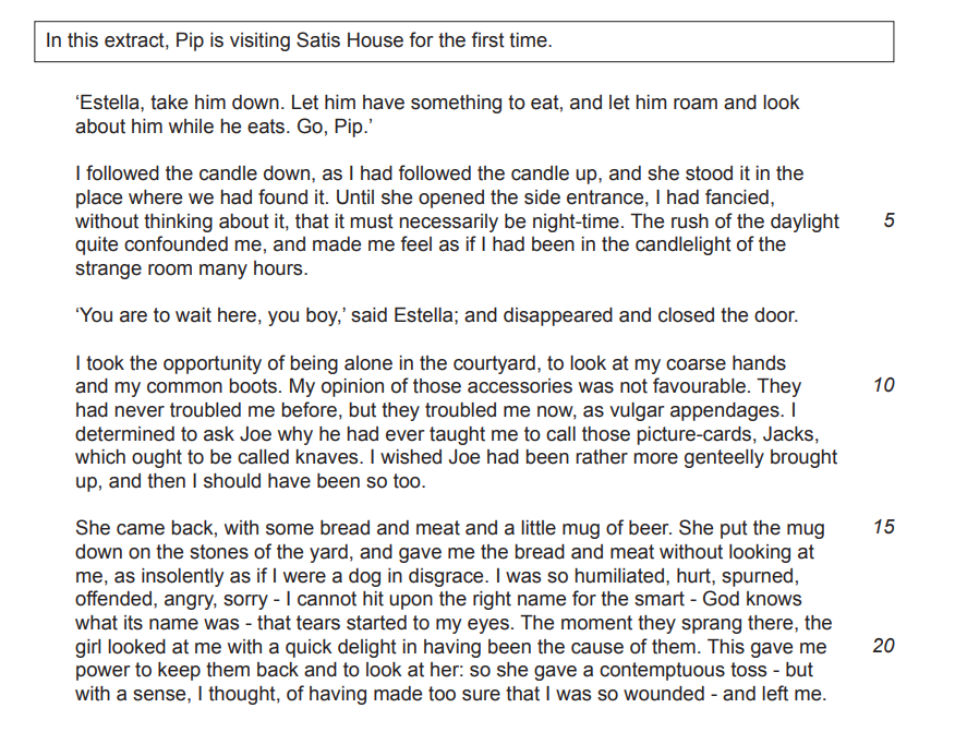Text from "Great Expectations" with Pip visiting Satis House, reflecting on Estella's treatment and feeling humiliated.