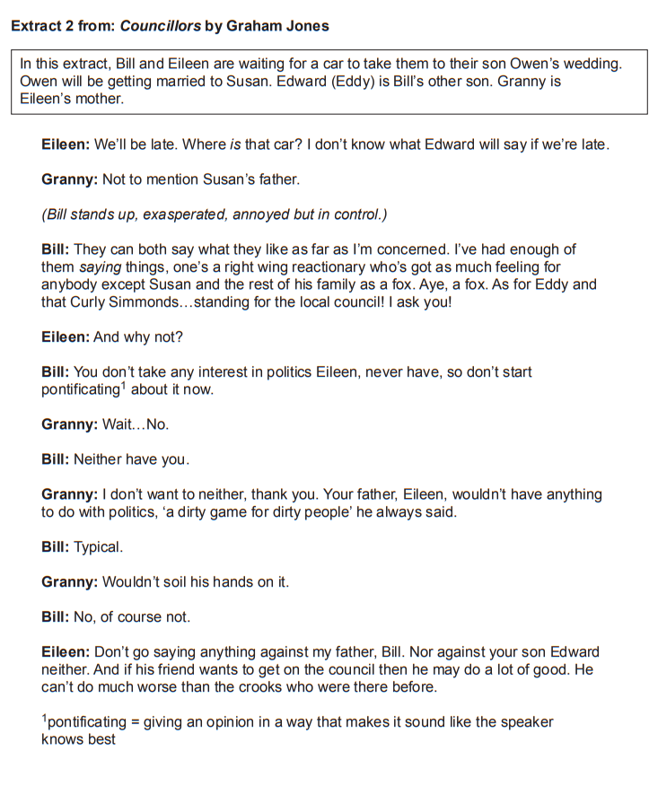 Text from a script titled "Councillors" by Graham Jones, featuring a dialogue among Eileen, Granny, and Bill about politics and family dynamics.