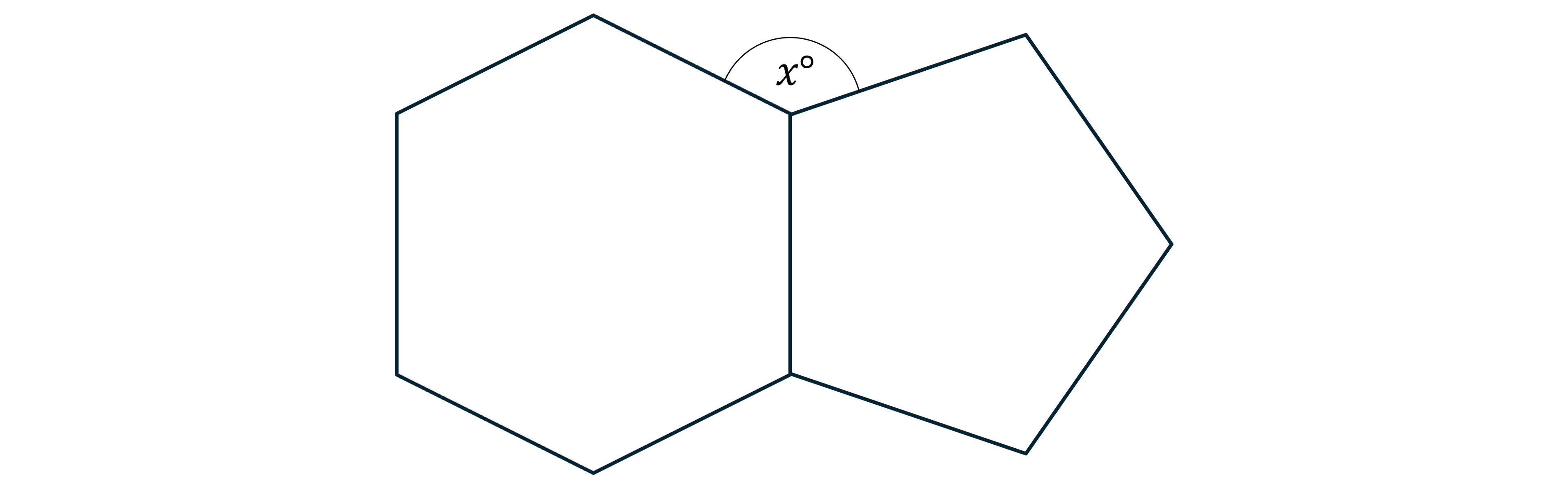 Two adjacent polygons, a hexagon on the left and a pentagon on the right, with an angle marked x degrees at their joining vertex.