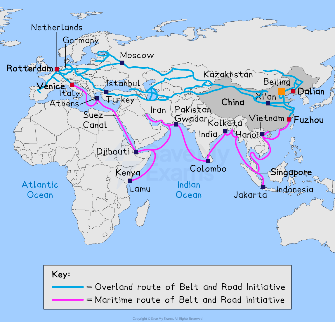 Map showing the Belt and Road Initiative routes: blue lines for overland and pink lines for maritime paths, with key cities and ports marked.