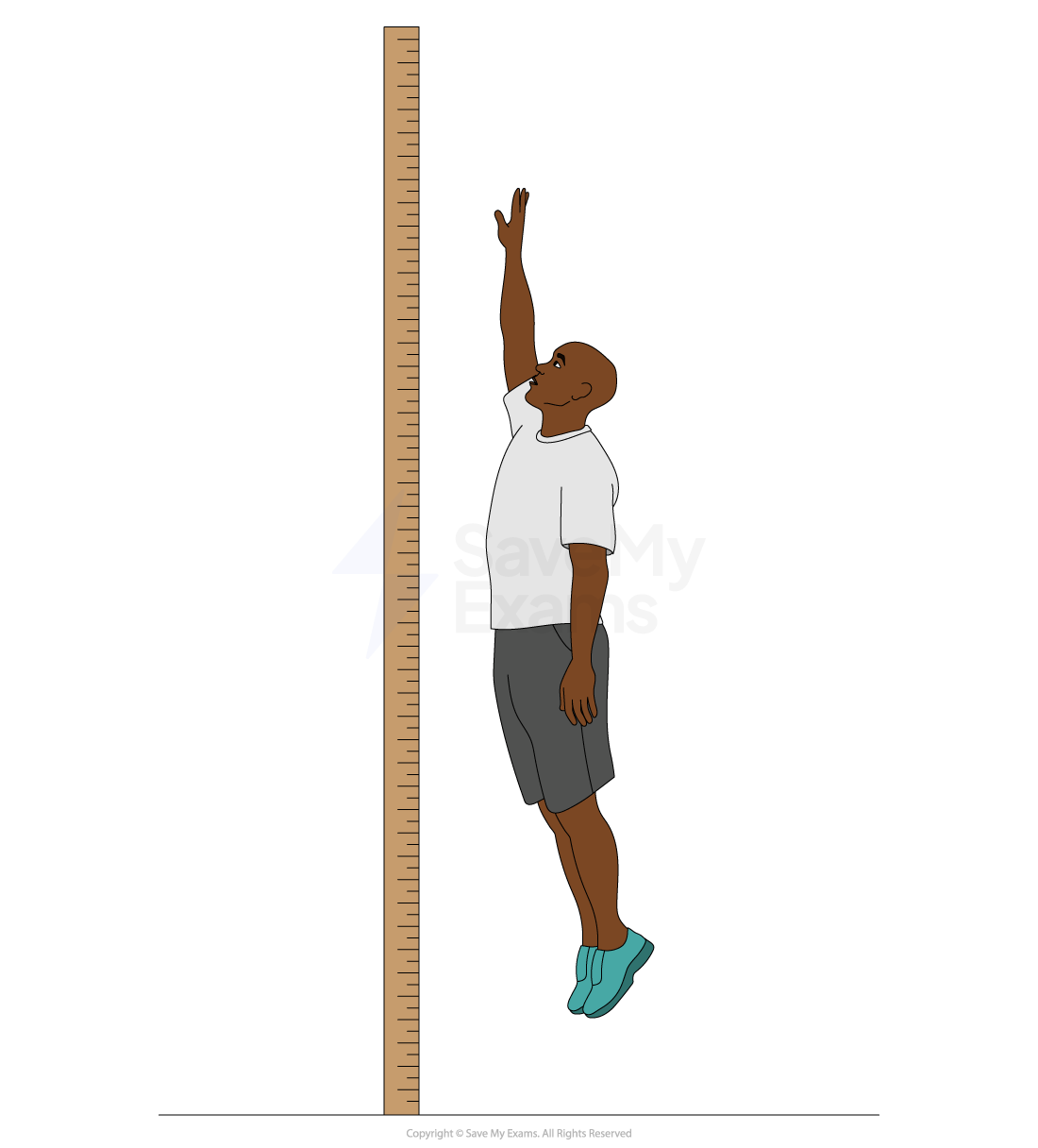 A person in casual athletic clothing is jumping upwards with one arm extended towards a tall blue measuring tape on a white background.