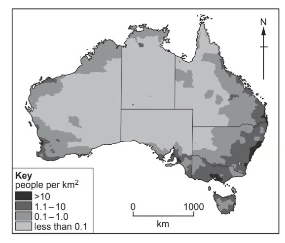 Map of Australia showing population density per square kilometre, with key indicating densities from less than 0.1 to over 10, mainly dense in the southeast.