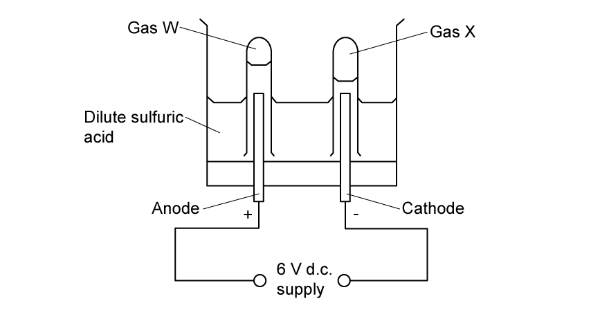 Diagram of an electrolysis setup with dilute sulphuric acid, gas W, hydrogen, electrodes X and Y connected to a 6V DC supply.