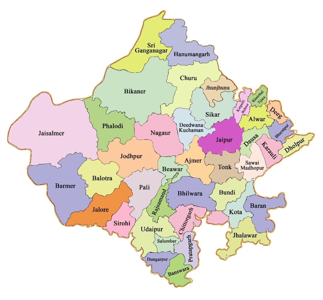 Map of Rajasthan, India, showing districts in various colours. Major districts include Jaipur, Jodhpur, Udaipur, and Bikaner, labelled with names.