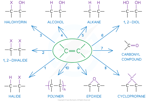 Diagram showing chemical reactions of alkenes forming halohydrins, alcohols, alkanes, diols, carbonyls, dihalides, polymers, epoxides, cyclopropanes.