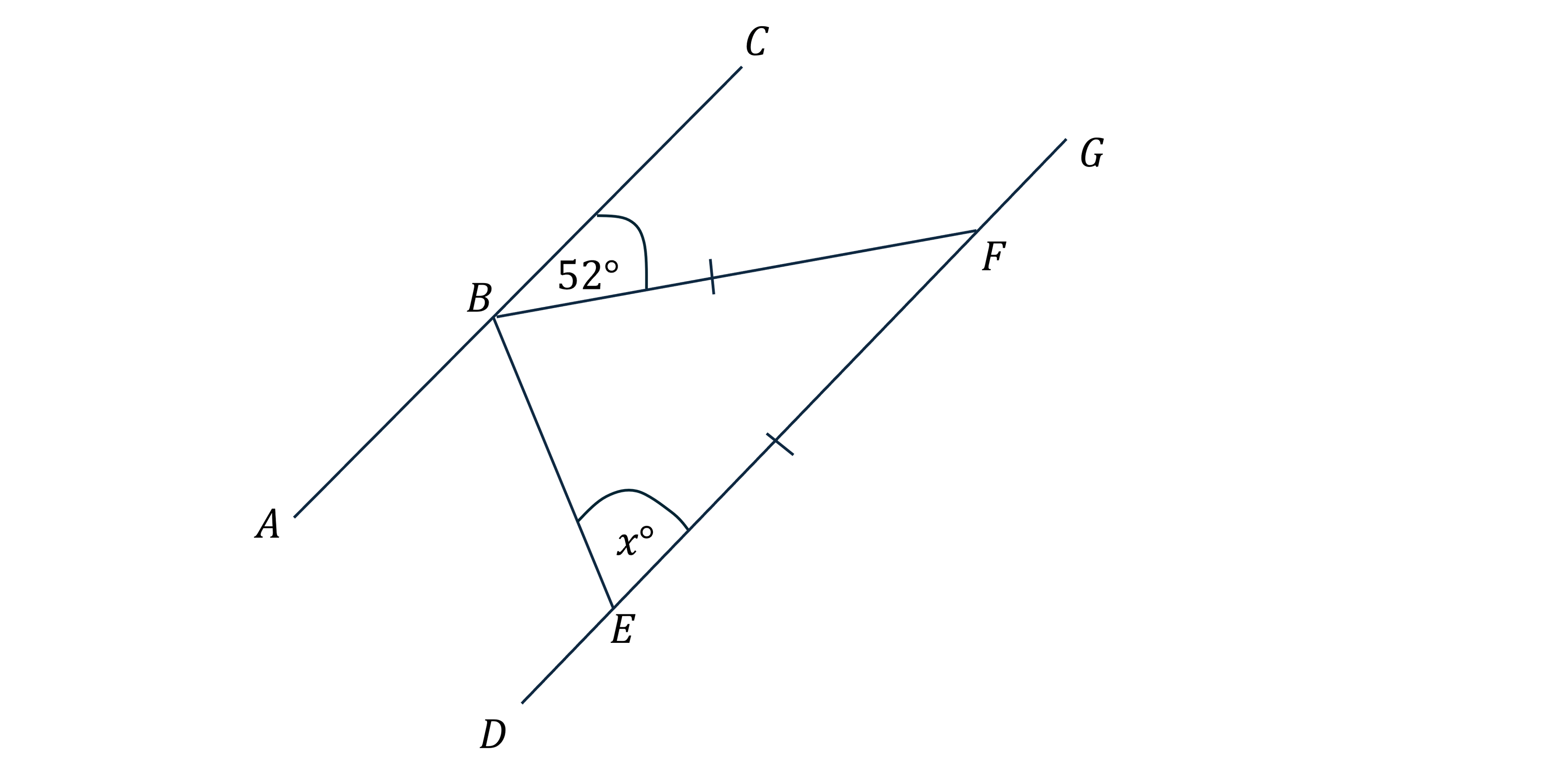 Lines AB, CD, EF, and FG with angles 52° and x° marked at intersections B and E. Lines BF and BE are bisected by lines CE and DE.