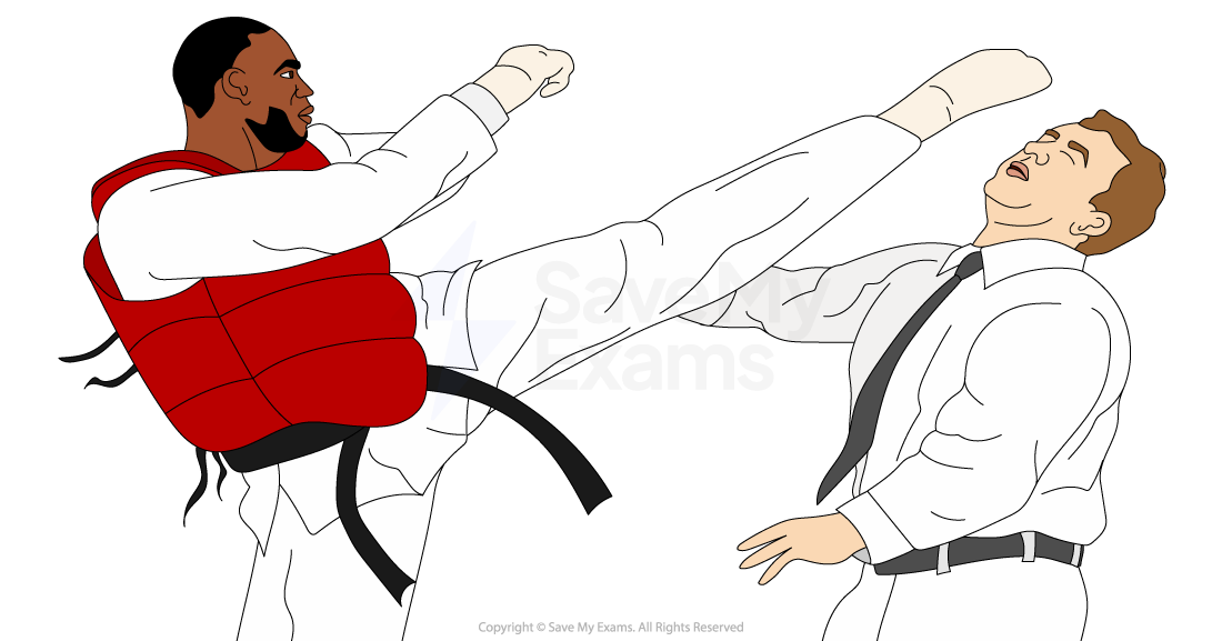 Martial artist in protective gear delivers a high kick to the referee wearing a numbered uniform's head 