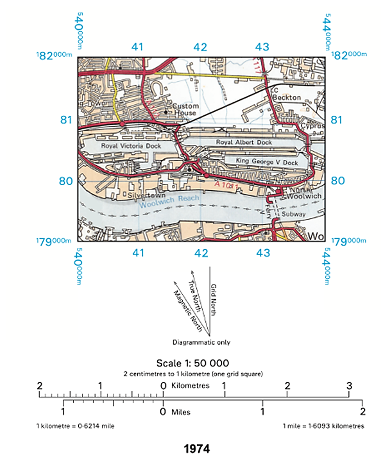 Map of London docks area in 1974, showing Royal Victoria, Albert, and King George V docks, North Woolwich, and Silvertown, with scale and directional arrows.