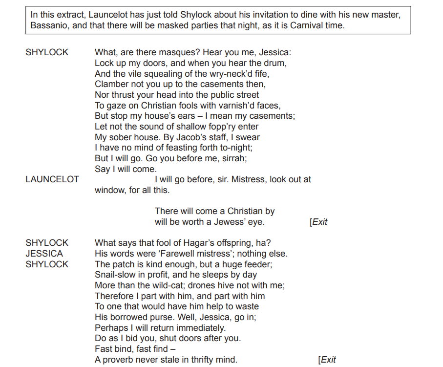 The image shows a script extract from a play with Shylock, Launcelot, and Jessica. Shylock advises Jessica to lock up, referencing a Carnival.