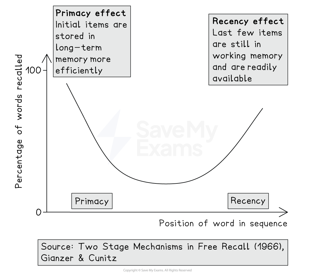 Graph showing memory recall curve for word sequences. High recall at start (primacy effect) and end (recency effect). Source: Glanzer & Cunitz, 1966.